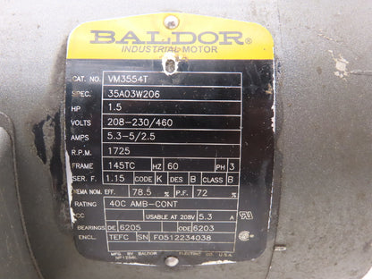 Baldor VM3554T AC Motor 1.5Hp 1725 RPM 230/460V 3PH 145TC TEFC