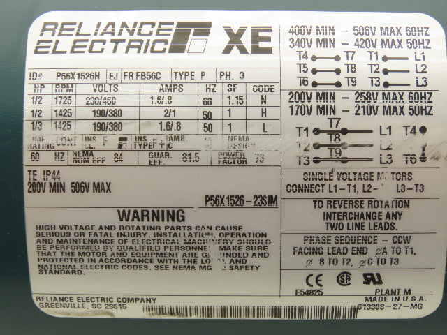 Reliance P56X1526H XE AC Motor 1/2Hp 1725 RPM 230/460V 3PH FB56C TE