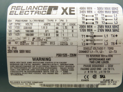 Reliance P56X1526H XE AC Motor 1/2Hp 1725 RPM 230/460V 3PH FB56C TE