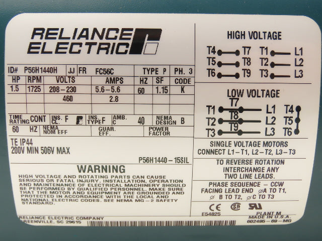 Reliance P56H1440H AC Motor 1.5Hp 1725 RPM 230/460V 3PH FC56C TE