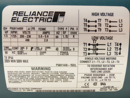 Reliance P56H1440H AC Motor 1.5Hp 1725 RPM 230/460V 3PH FC56C TE