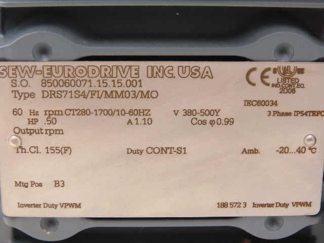 Sew-Eurodrive DRS71S4/FI/MM03 Movimot Variable Speed Motor 280-1700 RPM 380-500V