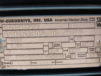Sew-Eurodrive DT71D4MM03/BW1 Movimot Variable Speed Motor 280-1700 RPM 380-500V