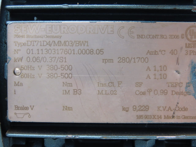 Sew-Eurodrive DT71D4MM03/BW1 Movimot Variable Speed Motor 280-1700 RPM 380-500V