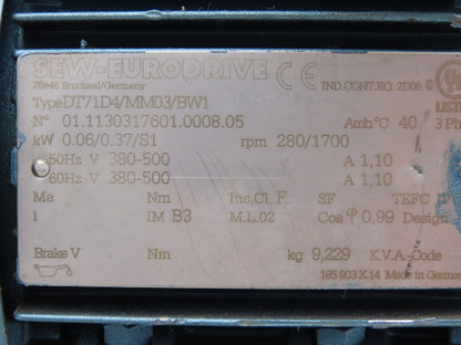 Sew-Eurodrive DT71D4MM03/BW1 Movimot Variable Speed Motor 280-1700 RPM 380-500V