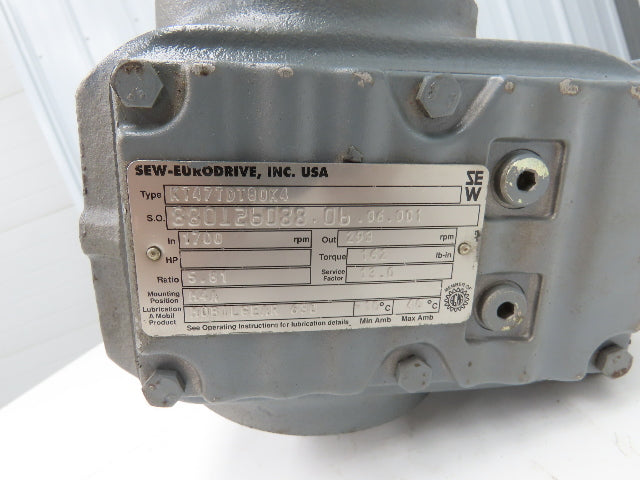 Sew Eurodrive KT47TDT80K4 Gearmotor 5.81 Ratio 293rpm .75Hp 230/460 Hollow Shaft