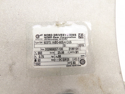Nord SK 92372.1ABD-80S/4 CUS Gearmotor 25:1 68rpm .75Hp 230/460V Hollow Shaft
