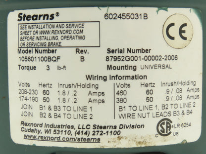 Stearns 105601100BQF Electric Motor Brake 3 Ft-Lb 230/460V 5/8" Bore