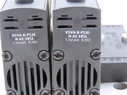 Festo VSVA-B-P53E-H-A1-1R5L 2 Solenoid Valves w/ 3-Valve Manifold 24VDC 1/2"NPT