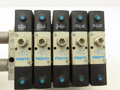 Festo VSVA-B-B52-H-A1-1R5L 5 Solenoid Valves w/ 5-Valve Manifold 24VDC 1/2"NPT