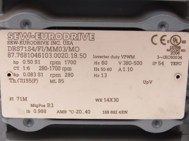 Sew-Eurodrive DRS71S4/FI/MM03 Movimot Variable Speed Motor 280-1700 RPM 380-500V