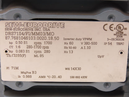Sew-Eurodrive DRS71S4/FI/MM03 Movimot Variable Speed Motor 280-1700 RPM 380-500V