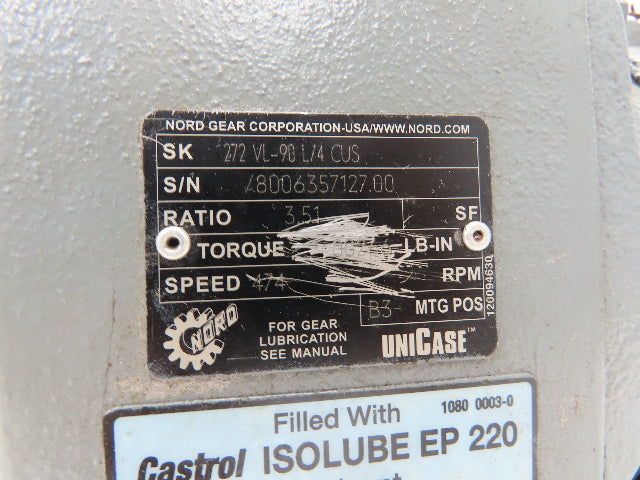 Nord SK 272 VL-90 L/4 CUS Inline Gearmotor 3.51 Ratio 474 RPM 2Hp 230/460V 3PH