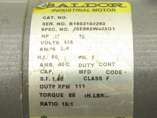 Baldor GCP Gearmotor 15:1 Ratio 111 RPM 115V 1PH 5/8" Parallel Shaft
