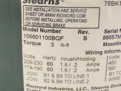Stearns 105601100BQF Electric Motor Brake 3 Ft-Lb 230/460V 3PH 5/8" Bore