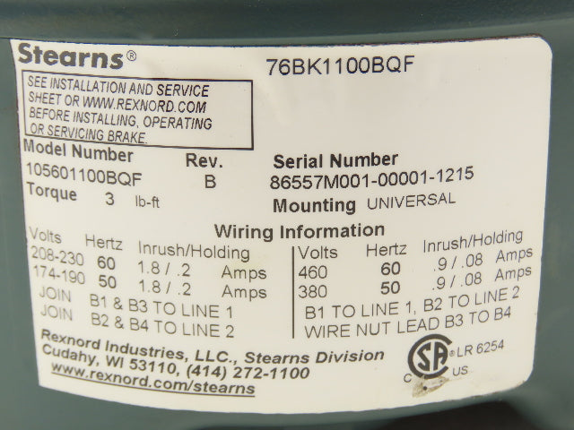 Stearns 105601100BQF Electric Motor Brake 3 Ft-Lb 230/460V 3PH 5/8" Bore