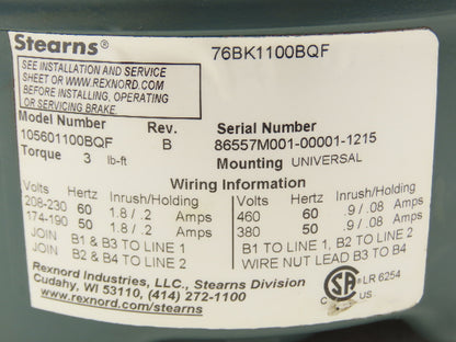Stearns 105601100BQF Electric Motor Brake 3 Ft-Lb 230/460V 3PH 5/8" Bore