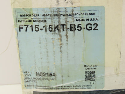 Boston Gear F715-15KT-B5-G2 700 Series Worm Gearbox 15:1 Speed Reducer 56C Face