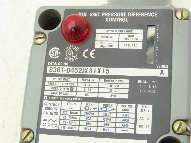 Allen Bradley 836T-D452J Ser A Pressure Difference Control Switch 5-40PSI 600V
