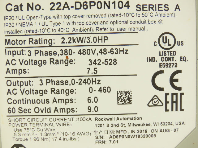 Allen Bradley 22A-D6P0N104 PowerFlex 4 AC Drive Variable Speed VFD 3Hp 480V 3PH