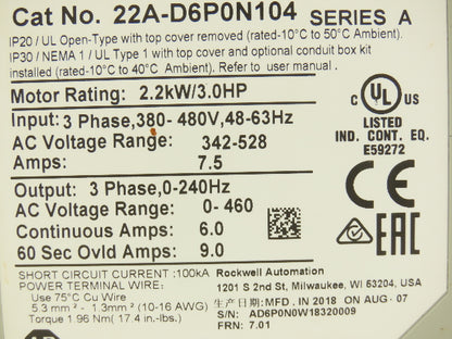 Allen Bradley 22A-D6P0N104 PowerFlex 4 AC Drive Variable Speed VFD 3Hp 480V 3PH