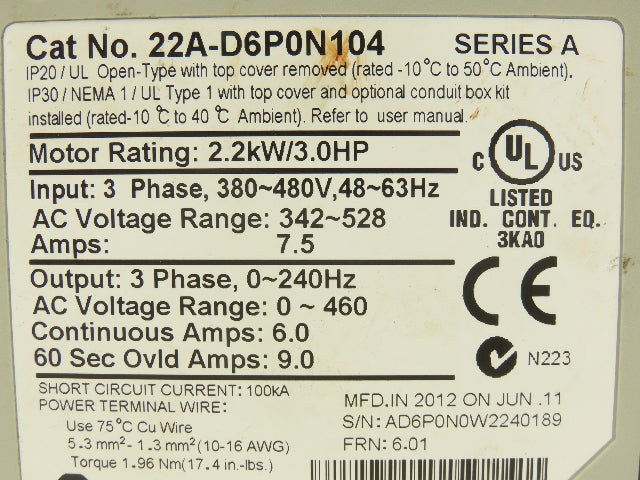Allen Bradley 22A-D6P0N104 PowerFlex 4 AC Drive Variable Speed VFD 3Hp 480V 3PH