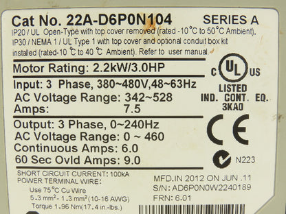 Allen Bradley 22A-D6P0N104 PowerFlex 4 AC Drive Variable Speed VFD 3Hp 480V 3PH