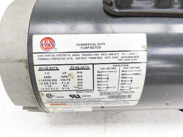 US Motors C63CXHLV-1423 Pump Motor 1Hp 3450rpm 115/230V 1PH 56ZC Commercial Duty