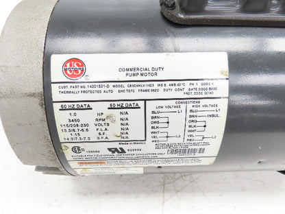US Motors C63CXHLV-1423 Pump Motor 1Hp 3450rpm 115/230V 1PH 56ZC Commercial Duty