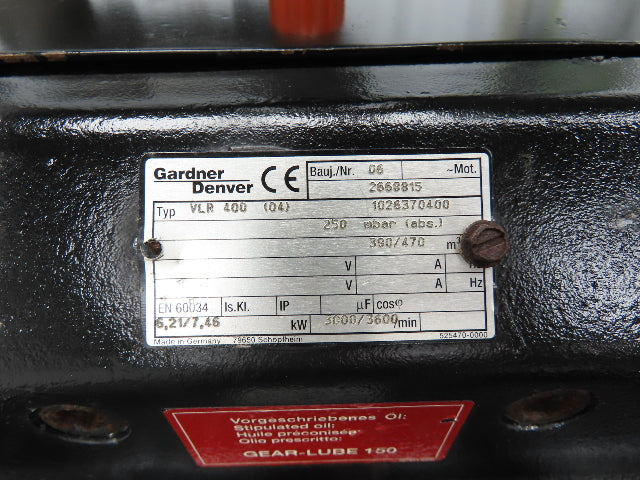 Gardner Denver 1026370400 VLR 400 Rotary Claw Vacuum Pump 272 CFM No Motor