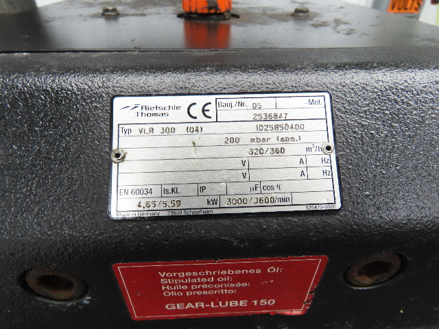 Reitschle Thomas VLR 300 Rotary Dry Claw Vacuum Pump 7.5Hp 212 CFM 230/460V 3Ph