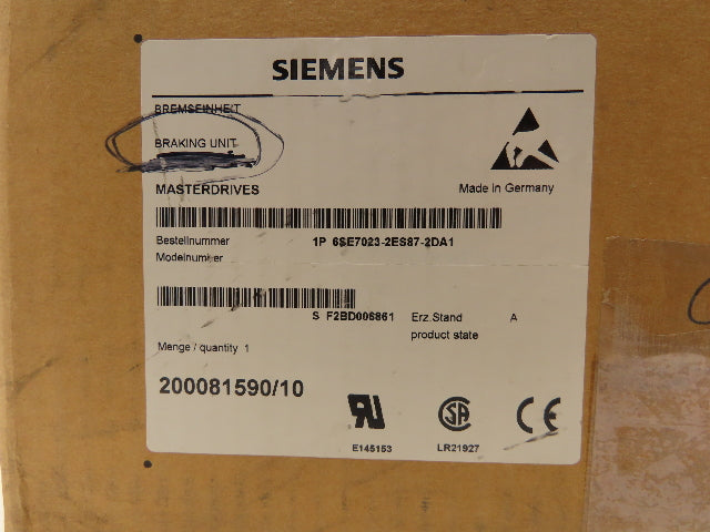 Siemens 6SE7023-2ES87-2DA1 SIMOVERT MASTERDRIVES Braking Unit 20kW 510 -650VDC