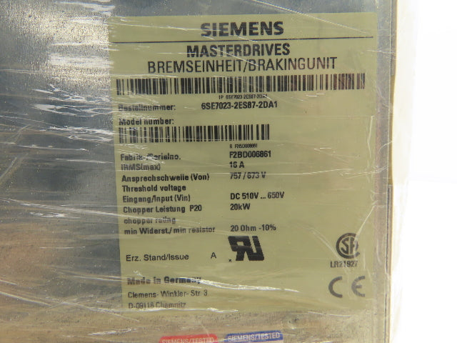 Siemens 6SE7023-2ES87-2DA1 SIMOVERT MASTERDRIVES Braking Unit 20kW 510 -650VDC
