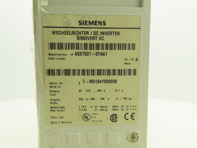 Siemens 6SE7021-0TA61 Simovert DC Inverter 510-650VDC In 380-480VAC 0-600Hz Out