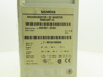 Siemens 6SE7021-0TA61 Simovert DC Inverter 510-650VDC In 380-480VAC 0-600Hz Out