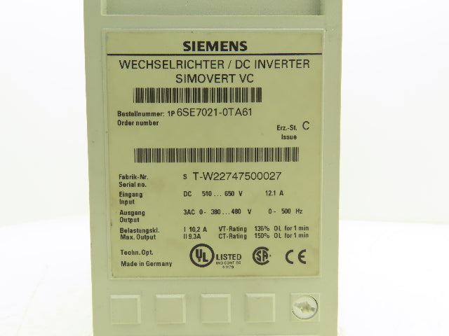 Siemens 6SE7021-0TA61 Simovert DC Inverter 510-650VDC In 380-480VAC 0-600Hz Out