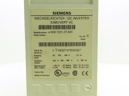 Siemens 6SE7021-0TA61 Simovert DC Inverter 510-650VDC In 380-480VAC 0-600Hz Out