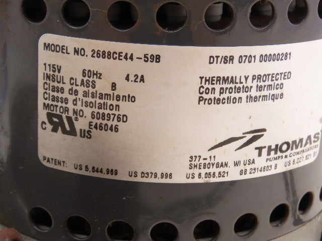Thomas 2688CE44-59B Oil-less Vacuum Pump Compressor 3.15cfm 25psi .33Hp 115V 1PH