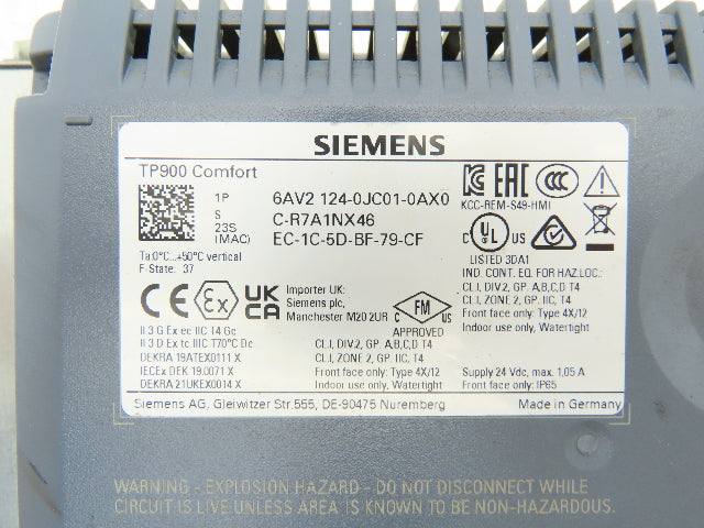Siemens 6AV2 124-0JC01-0AX0 Simatic HMI Touch Screen Control Panel TP900 24VDC