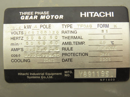 Hitachi TF0AG Gearmotor 60rpm .4kw 4-Pole 220V 3PH Parallel Shaft