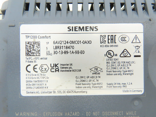 Siemens 6AV2 124-0MC01-0AX0 SIMATIC HMI TP1200 Comfort Panel 12" Widescreen 24V