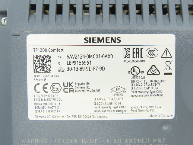 Siemens 6AV2 124-0MC01-0AX0 SIMATIC HMI TP1200 Comfort Panel 12" Widescreen 24V
