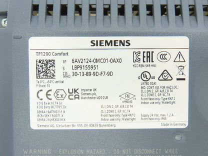 Siemens 6AV2 124-0MC01-0AX0 SIMATIC HMI TP1200 Comfort Panel 12" Widescreen 24V