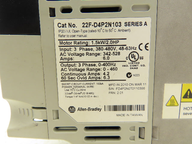 Allen-Bradley 22F-D4P2N103 PowerFlex 4M AC Drive VFD 480V 3PH 4.2A 1.5kW 2HP