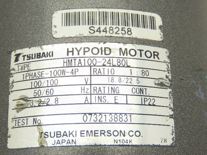 Tsubaki HMTA100-24L80L Hyponic Gearmotor 80:1 Ratio 22.5rpm 100W 115V 1PH LH 80L