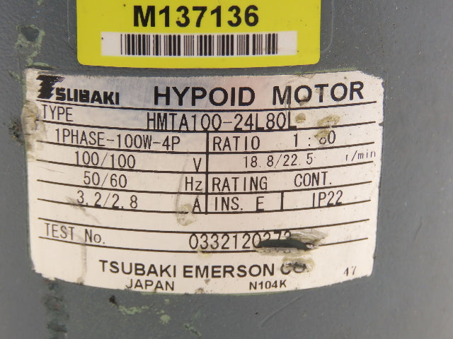 Tsubaki HMTA100-24L80L Hyponic Gearmotor 80:1 Ratio 22.5rpm 100W 115V 1PH LH 80L