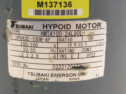 Tsubaki HMTA100-24L80L Hyponic Gearmotor 80:1 Ratio 22.5rpm 100W 115V 1PH LH 80L