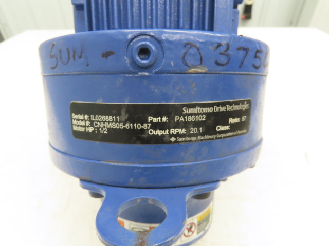 Sumitomo SM Cyclo CNHMS05-6110-87 Gearmotor 87:1 Ratio 20rpm 1/2Hp 220V 3PH 71M