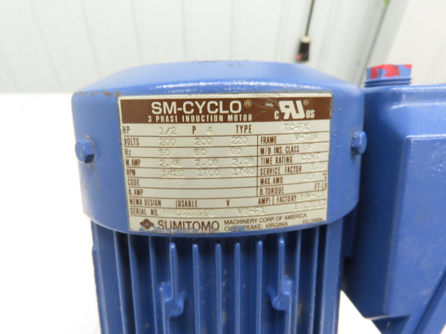 Sumitomo SM Cyclo CNHMS05-6110-87 Gearmotor 87:1 Ratio 20rpm 1/2Hp 220V 3PH 71M