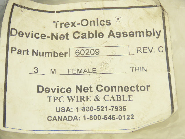 Mesco 60209 Trex-Onics Device Net Cable Assembly 3 Meters Length Rev C Lot of 3